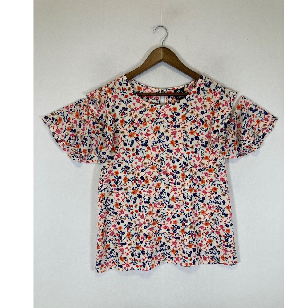 Cottagecore Bobeau Womens Large White Orange Floral Cold Shoulder Ruffle Blouse